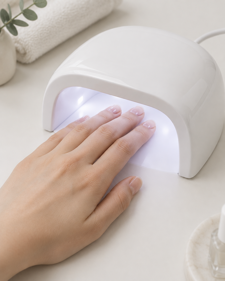 Hand onder de uithardlamp
